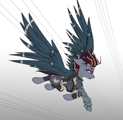 Size: 4337x4210 | Tagged: safe, artist:shade stride, imported from derpibooru, oc, oc only, oc:quicksilver, cyborg, cyborg pony, pegasus, pony, amputee, armor, flying, pegasus oc, prosthetic leg, prosthetic limb, prosthetics