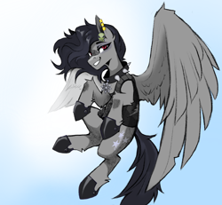 Size: 3000x2771 | Tagged: safe, artist:buvanybu, imported from derpibooru, oc, oc only, oc:riot wind, pegasus, chaos star, clothes, collar, ear piercing, earring, female, flying, gradient background, grenade, jewelry, pegasus oc, piercing, solo, vest