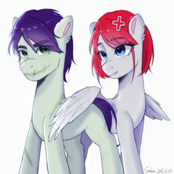 Size: 1080x1080 | Tagged: safe, artist:xiaowu07, imported from derpibooru, oc, oc only, earth pony, pegasus, pony, duo, female, male, scar, shipping, simple background, white background