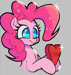 Size: 1483x1558 | Tagged: safe, artist:ponconcarnal, imported from derpibooru, pinkie pie, earth pony, pony, (you), bust, cute, diapinkes, female, gray background, hoof hold, mare, simple background, smiling, solo, sparkles, sparkly eyes, sparkly mane, starry eyes, stars, wingding eyes