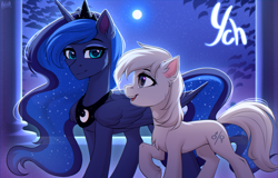 Size: 3400x2180 | Tagged: safe, artist:hakaina, imported from derpibooru, princess luna, oc, alicorn, earth pony, pony, backlighting, chest fluff, colored, column, commission, concave belly, duo, ear fluff, ethereal mane, ethereal tail, female, female symbol, folded wings, height difference, high res, large wings, leg fluff, long mane, long tail, looking at each other, looking at someone, male symbol, mare, moon, night, open mouth, open smile, peytral, raised hoof, shading, side view, signature, slim, smiling, starry sky, tail, teeth, thin, unshorn fetlocks, walking, wings, ych sketch, your character here