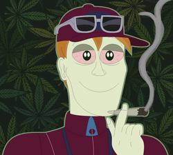 Size: 1680x1512 | Tagged: safe, artist:nathaniel718, imported from derpibooru, coach rommel, human, equestria girls, blaze it, bloodshot eyes, cap, clothes, drugs, hat, male, marijuana, smoke weed everyday, smoking, solo