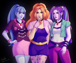 Size: 2665x2199 | Tagged: safe, artist:xiaowu07, imported from derpibooru, adagio dazzle, aria blaze, sonata dusk, human, equestria girls, rainbow rocks, dark background, female, looking at you, realistic, smiling, smiling at you, the dazzlings, trio, trio female