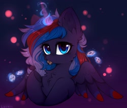 Size: 2048x1740 | Tagged: safe, artist:lerkfruitbat, imported from derpibooru, oc, oc only, alicorn, pony, alicorn oc, cheek fluff, chest fluff, colored wings, colored wingtips, commission, cookie, cute, ear fluff, female, food, glowing, glowing horn, horn, levitation, looking at you, magic, magic aura, mare, ocbetes, signature, solo, spread wings, telekinesis, wings