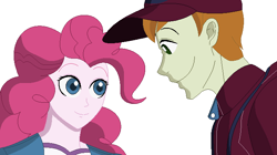 Size: 677x379 | Tagged: safe, artist:nathaniel718, imported from derpibooru, coach rommel, pinkie pie, human, equestria girls, cap, clothes, duo, female, hat, looking at each other, looking at someone, male, rommelpie, shipping, simple background, white background