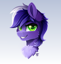 Size: 2000x2100 | Tagged: safe, artist:rainbowfire, imported from derpibooru, oc, oc only, oc:proudy hooves, earth pony, pony, bust, cheek fluff, chest fluff, cute, ear fluff, eyebrows, fluffy, gradient background, looking at you, male, purple hair, smiling, solo, stallion