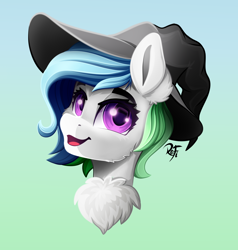 Size: 2000x2100 | Tagged: safe, artist:rainbowfire, imported from derpibooru, oc, oc only, pony, bust, chest fluff, cute, female, gradient background, hat, looking at you, open mouth, purple eyes, smiling, solo