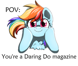 Size: 880x741 | Tagged: safe, artist:solixy406, imported from derpibooru, rainbow dash, pegasus, pony, chest fluff, eye clipping through hair, hooves on cheeks, looking at you, offscreen character, pov, simple background, smiling, solo, text, white background