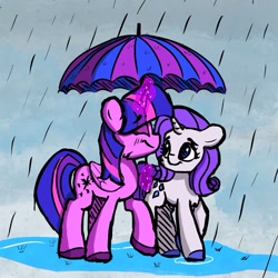 Size: 1173x1173 | Tagged: safe, artist:anderdraws, imported from derpibooru, rarity, twilight sparkle, alicorn, pony, unicorn, duo, female, lesbian, looking at each other, looking at someone, magic, rain, rarilight, shipping, smiling, smiling at each other, telekinesis, twilight sparkle (alicorn), umbrella