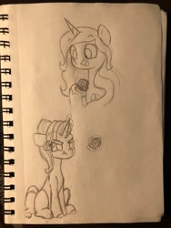 Size: 1536x2048 | Tagged: safe, artist:anderdraws, imported from derpibooru, izzy moonbow, starlight glimmer, pony, unicorn, duo, g4, g5, monochrome, rubik's cube, sketch, sketch dump, traditional art