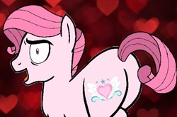 Size: 612x403 | Tagged: safe, artist:noi kincade, imported from derpibooru, oc, oc only, oc:annisa trihapsari, earth pony, pony, annibutt, butt, hair, heart, looking at you, looking back, looking back at you, male, mane, open mouth, pink body, pink hair, pink mane, pink tail, plot, red background, rule 63, simple background, solo, stallion, tail, wide eyes