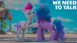 Size: 1280x720 | Tagged: safe, edit, edited screencap, editor:quoterific, imported from derpibooru, screencap, izzy moonbow, zipp storm, pegasus, pony, unicorn, spoiler:my little pony: make your mark, spoiler:my little pony: make your mark chapter 2, spoiler:myms01e07, bipedal, bipedal leaning, bracelet, butt, detective zipp, dialogue, duo, english, female, folded wings, friendship bracelet, g5, gritted teeth, hoof done it?, horn, jewelry, leaning, looking at each other, looking at someone, mare, my little pony: make your mark, my little pony: make your mark chapter 2, plot, teeth, touch, wings