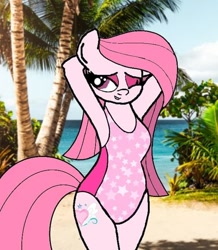 Size: 480x550 | Tagged: safe, artist:noi kincade, imported from derpibooru, oc, oc only, oc:annisa trihapsari, anthro, anthro oc, beach, clothes, eyeshadow, female, grin, hair, hooves, legs together, long hair, makeup, mare, not pinkamena, one eye closed, one-piece swimsuit, photo, smiling, solo, summer, swimsuit