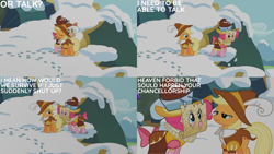 Size: 2000x1125 | Tagged: safe, edit, edited screencap, editor:quoterific, imported from derpibooru, screencap, applejack, chancellor puddinghead, pinkie pie, smart cookie, hearth's warming eve (episode), map, snow