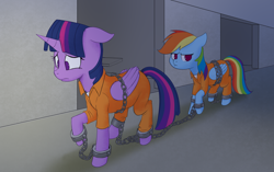 Size: 1862x1166 | Tagged: safe, artist:hitsuji, imported from derpibooru, rainbow dash, twilight sparkle, alicorn, bound wings, chained, chains, clothes, cuffed, cuffs, frustrated, jail, jumpsuit, never doubt rainbowdash69's involvement, prison, prison outfit, prisoner rd, prisoner ts, sad, shackles, shirt, twilight sparkle (alicorn), undershirt, wings