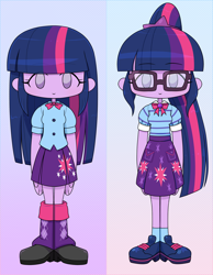 Size: 1540x1980 | Tagged: safe, artist:batipin, imported from derpibooru, sci-twi, twilight sparkle, human, equestria girls, chibi, duality, female, gradient background, no nose, solo