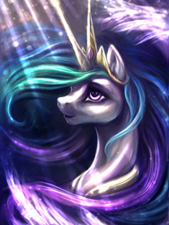 Size: 750x1000 | Tagged: safe, artist:kreativpony, imported from derpibooru, princess celestia, alicorn, pony, colored, crown, female, jewelry, lighting, long mane, mare, peytral, regalia, smiling, solo