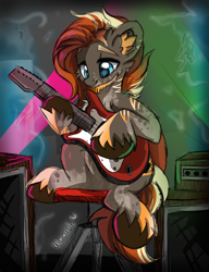 Size: 2890x3762 | Tagged: safe, artist:woonborg, imported from derpibooru, oc, oc:living flame, earth pony, amplifier, earth pony oc, electric guitar, guitar, male, musical instrument, solo