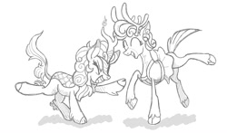 Size: 1648x972 | Tagged: artist needed, safe, imported from derpibooru, autumn blaze, bori the reindeer, deer, kirin, reindeer, cloven hooves, dancing, drawing, duo, grayscale, monochrome, simple background, smiling, white background