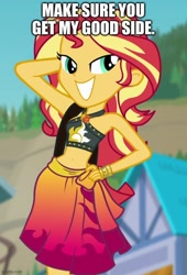 Size: 500x736 | Tagged: safe, edit, edited screencap, imported from derpibooru, screencap, sunset shimmer, human, equestria girls, equestria girls series, forgotten friendship, caption, clothes, female, image macro, solo, sunset selfie, swimsuit, text