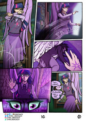 Size: 1500x2122 | Tagged: safe, artist:deroach, imported from derpibooru, twilight sparkle, oc, oc:daylight, human, comic:tales from equestria part 1, equestria girls, clothes, comic, cutie mark on clothes, equestria project humanized, fanfic, glowing, glowing eyes, humanized, implied starlight glimmer, jacket, midnight sparkle, school of friendship, shattered glass, tinyface, twilight snapple, winged humanization, wings