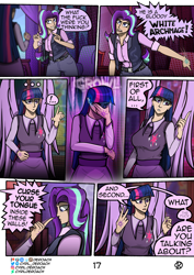 Size: 1500x2122 | Tagged: safe, artist:deroach, imported from derpibooru, starlight glimmer, twilight sparkle, human, comic:tales from equestria part 1, angry, clothes, comic, cutie mark on clothes, equestria project humanized, fanfic, humanized, jacket, school of friendship, tinyface, twilight snapple, vulgar, winged humanization, wings
