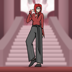 Size: 5000x5000 | Tagged: safe, artist:deroach, imported from derpibooru, oc, oc:crimson courage, human, abstract background, belt, breasts, cleavage, clothes, equestria project humanized, fanfic, fanfic art, humanized, long sleeves, pants, ponytail, red hair