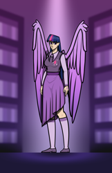Size: 4000x6158 | Tagged: safe, artist:deroach, edit, imported from derpibooru, twilight sparkle, alicorn, human, abstract background, clothes, cutie mark on clothes, equestria project humanized, fanfic, fanfic art, humanized, twilight sparkle (alicorn), winged humanization, wings