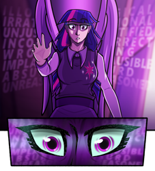 Size: 3953x4347 | Tagged: safe, artist:deroach, imported from derpibooru, twilight sparkle, alicorn, human, equestria girls, clothes, cutie mark on clothes, equestria project humanized, fanfic, fanfic art, glowing, glowing eyes, humanized, midnight sparkle, twilight snapple, winged humanization, wings