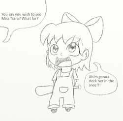 Size: 711x699 | Tagged: safe, artist:mrstart, imported from derpibooru, apple bloom, human, adorabloom, baseball bat, chibi, cute, dragon ball, dragonball z abridged, humanized, sketch, solo, speech bubble, text