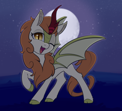 Size: 2082x1881 | Tagged: safe, artist:dusthiel, imported from derpibooru, autumn blaze, bat pony, kirin, pony, winged kirin, bat kirin, bat ponified, bat wings, cloven hooves, female, mare, moon, night, one eye closed, open mouth, open smile, quadrupedal, race swap, raised hoof, slit pupils, smiling, solo, wings, wink