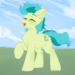 Size: 2000x2000 | Tagged: safe, artist:thieftea, imported from derpibooru, sandbar, earth pony, pony, cloud, eyes closed, grass, happy, male, open mouth, open smile, raised hoof, simple background, smiling, solo, stallion, tail, windswept mane, windswept tail