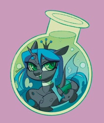 Size: 1265x1483 | Tagged: safe, artist:dodsie, imported from derpibooru, queen chrysalis, changeling, changeling queen, baneposting in the comments, bottle, chibi, looking at you, open mouth, open smile, pony in a bottle, smiling, solo