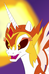 Size: 2362x3543 | Tagged: safe, artist:пшеница, derpibooru exclusive, imported from derpibooru, daybreaker, alicorn, pony, armor, bust, crown, jewelry, mane of fire, open mouth, portrait, purple background, regalia, simple background, solo
