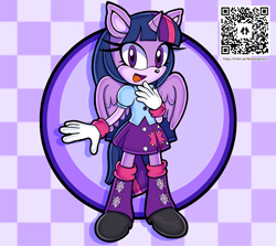 Size: 1580x1407 | Tagged: safe, artist:moesisterson, imported from derpibooru, twilight sparkle, alicorn, anthro, equestria girls, clothes, clothes swap, female, looking at you, mobian, open mouth, open smile, skirt, smiling, smiling at you, solo, sonic the hedgehog, sonic the hedgehog (series), yuji uekawa style