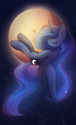 Size: 1550x2550 | Tagged: safe, artist:miryelis, imported from derpibooru, princess luna, alicorn, pony, ethereal mane, ethereal tail, eyes closed, female, full body, long hair, long mane, long tail, moon, sky, solo, spread wings, starry mane, starry tail, stars, tail, wings