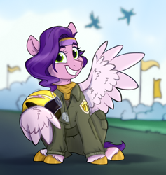 Size: 1700x1793 | Tagged: safe, artist:rutkotka, imported from derpibooru, pipp petals, pegasus, pony, adorapipp, air force, clothes, coat markings, cute, dog tags, eyebrows, female, g5, grin, headband, helmet, looking at you, mare, military uniform, pilot, shadow, sitting, smiling, smiling at you, socks (coat markings), solo, solo focus, top gun, uniform, unshorn fetlocks, wing hold, wings