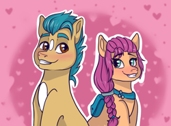 Size: 838x616 | Tagged: artist needed, source needed, safe, imported from derpibooru, hitch trailblazer, sunny starscout, earth pony, pony, abstract background, bag, blaze (coat marking), blushing, coat markings, duo, duo male and female, facial markings, female, g5, grin, heart, heart background, looking at each other, looking at someone, male, mare, pale belly, saddle bag, shipping, smiling, stallion, straight, sunnyhitch