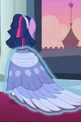 Size: 800x1202 | Tagged: safe, imported from derpibooru, screencap, twilight sparkle, alicorn, pony, the last problem, alternate hairstyle, canterlot, canterlot castle, clothes, cropped, dress, evening, levitation, magic, rear view, second coronation dress, solo, spinning, telekinesis, twilight sparkle (alicorn)