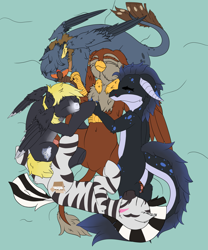 Size: 3333x4000 | Tagged: safe, artist:donnik, imported from derpibooru, oc, oc:crashing thunder, oc:kayda, oc:lost way, oc:peregrine, oc:sparrow, anthro, griffon, kobold, pegasus, pony, zebra, cuddle puddle, cuddling, pony pile, sleeping, smiling