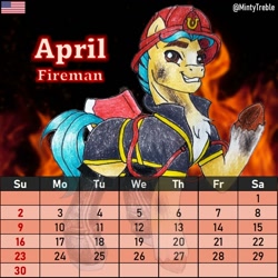 Size: 886x886 | Tagged: safe, artist:mintytreble, imported from derpibooru, hitch trailblazer, earth pony, pony, calendar, firefighter, firefighter helmet, g5, helmet, male, my little pony: a new generation, solo, stallion, traditional art