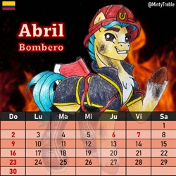 Size: 884x884 | Tagged: safe, artist:mintytreble, imported from derpibooru, hitch trailblazer, earth pony, pony, calendar, colombia, fire, firefighter, firefighter helmet, g5, helmet, male, my little pony: a new generation, solo, spanish, stallion, traditional art