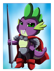 Size: 2350x3109 | Tagged: safe, artist:pridark, imported from derpibooru, spike, dragon, armor, boots, cape, clothes, commission, knight, knight spike, lance, male, shoes, simple background, smiling, solo, spear, weapon