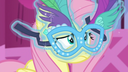 Size: 1000x563 | Tagged: safe, imported from derpibooru, screencap, fluttershy, pegasus, pony, scare master, season 5, cute, female, frown, implied rarity, magic, mare, mask, masquerade mask, offscreen character, shyabetes, solo, sparkles, telekinesis, unsure