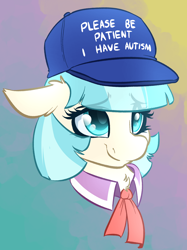 Size: 1496x1996 | Tagged: safe, artist:witchtaunter, imported from derpibooru, coco pommel, earth pony, pony, autism, bust, chest fluff, clothes, cocobetes, collar, commission, cute, ear fluff, eyebrows, eyebrows visible through hair, female, floppy ears, gradient background, hat, headcanon, looking up, necktie, nervous, please be patient i have autism, portrait, smiling, solo