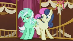 Size: 1000x563 | Tagged: safe, imported from derpibooru, screencap, bon bon, lyra heartstrings, sweetie drops, earth pony, pony, unicorn, season 5, slice of life (episode), adorabon, butt bump, butt to butt, butt touch, cute, duo, duo female, female, happy, lyrabetes, mare, smiling