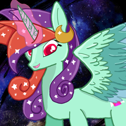 Size: 600x600 | Tagged: safe, imported from derpibooru, oc, oc only, oc:skycandy, alicorn, pony, alicorn oc, female, glowing, glowing horn, horn, moon, smiling, solo, spread wings, wings