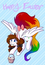 Size: 1423x2048 | Tagged: safe, artist:mscolorsplash, imported from derpibooru, oc, oc only, oc:color splash, pegasus, pony, abstract background, basket, bow, easter, easter egg, female, happy easter, holiday, hoof hold, mare, mouth hold, rainbow tail, solo, tail, tail bow