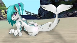 Size: 3840x2160 | Tagged: safe, artist:ragedox, imported from derpibooru, oc, original species, pony, shark, shark pony, beach, blue hair, fangs, female, fins, fish tail, gills, looking at you, mare, ponytail, shark pony oc, shark tail, tail, talking, talking to viewer