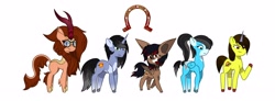 Size: 3894x1440 | Tagged: safe, artist:ragedox, imported from derpibooru, oc, oc:blazing smart, oc:madness shock, oc:madshy, oc:magnum, oc:rouse black, oc:shainer shrapnel shock, bat pony, horse, hybrid, kirin, pegasus, pony, unicorn, bat pony oc, doom, doom equestria, equestria doom, g5, height difference, long tail, looking at you, my little pony: tell your tale, nerd, ponytail, short tail, show accurate, shy, small, smiling, tail, tall, vector